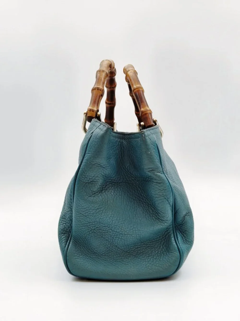 Gucci Bamboo Top Handle Leather Tote Bag Blue Convertible Satchel Italy